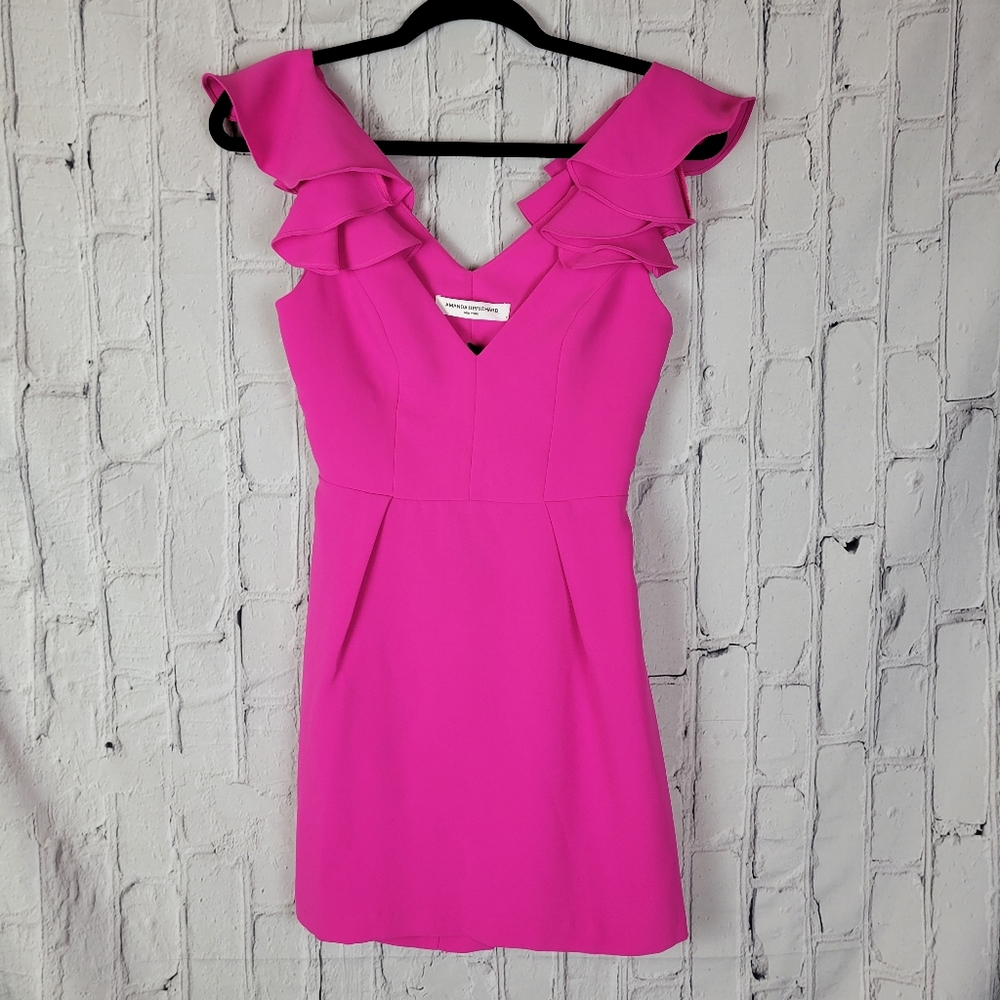 Amanda Uprichard barbie hot pink Gimlet ruffle sleeve cut out back mini dress - Picture 4 of 13